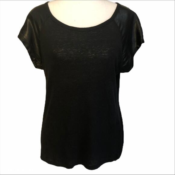 Sandro Black Linen Knit Short Satin Sleeve Top 2 - Picture 1 of 9
